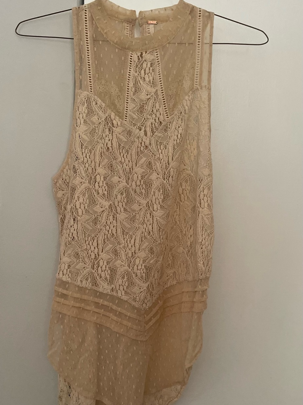 Free People Delicate Lace Mesh Overlay Top in Neutral Beige Size Small